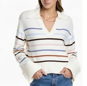 Laundry By Shelli Segal Johnny Collar Sweater White Multicolor Stripes V-Neck